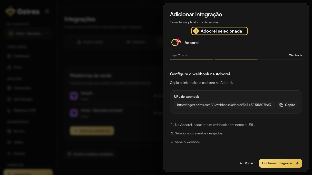 Configuração da Adoorei aberta no Ozires