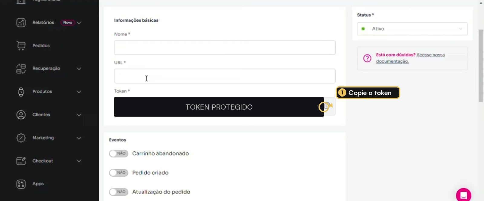 Formulário de webhook da Adoorei com token protegido e destacado