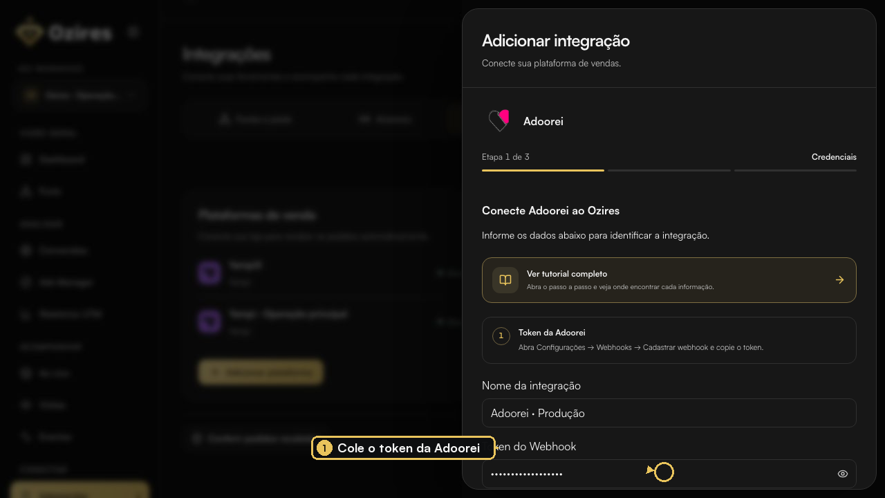 Formulário Adoorei no Ozires com Token do Webhook destacado