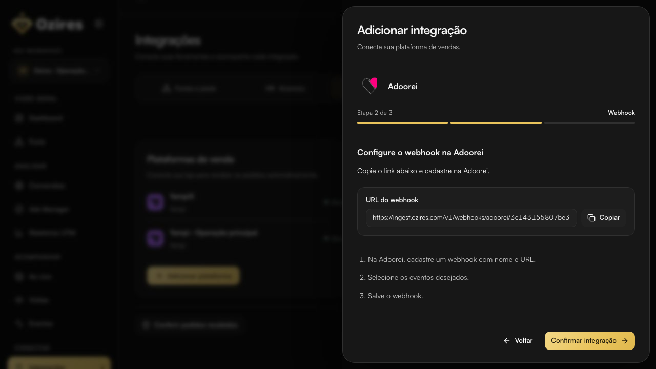 URL do webhook Adoorei no Ozires com o botão Copiar