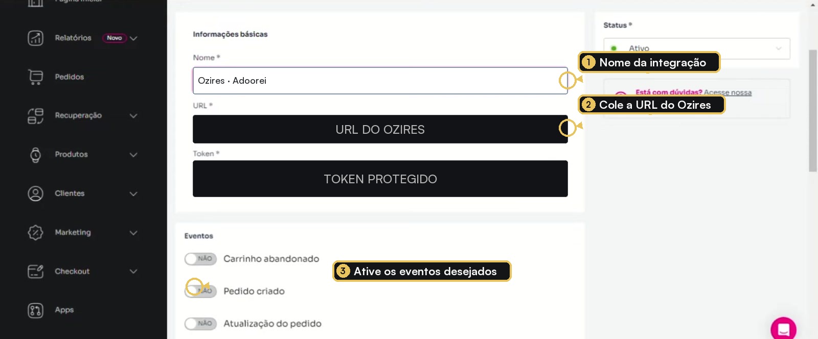 Formulário Adoorei com nome, URL, token e eventos destacados