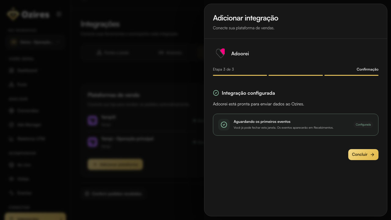 Tela final do Ozires com Integração configurada e Aguardando os primeiros eventos
