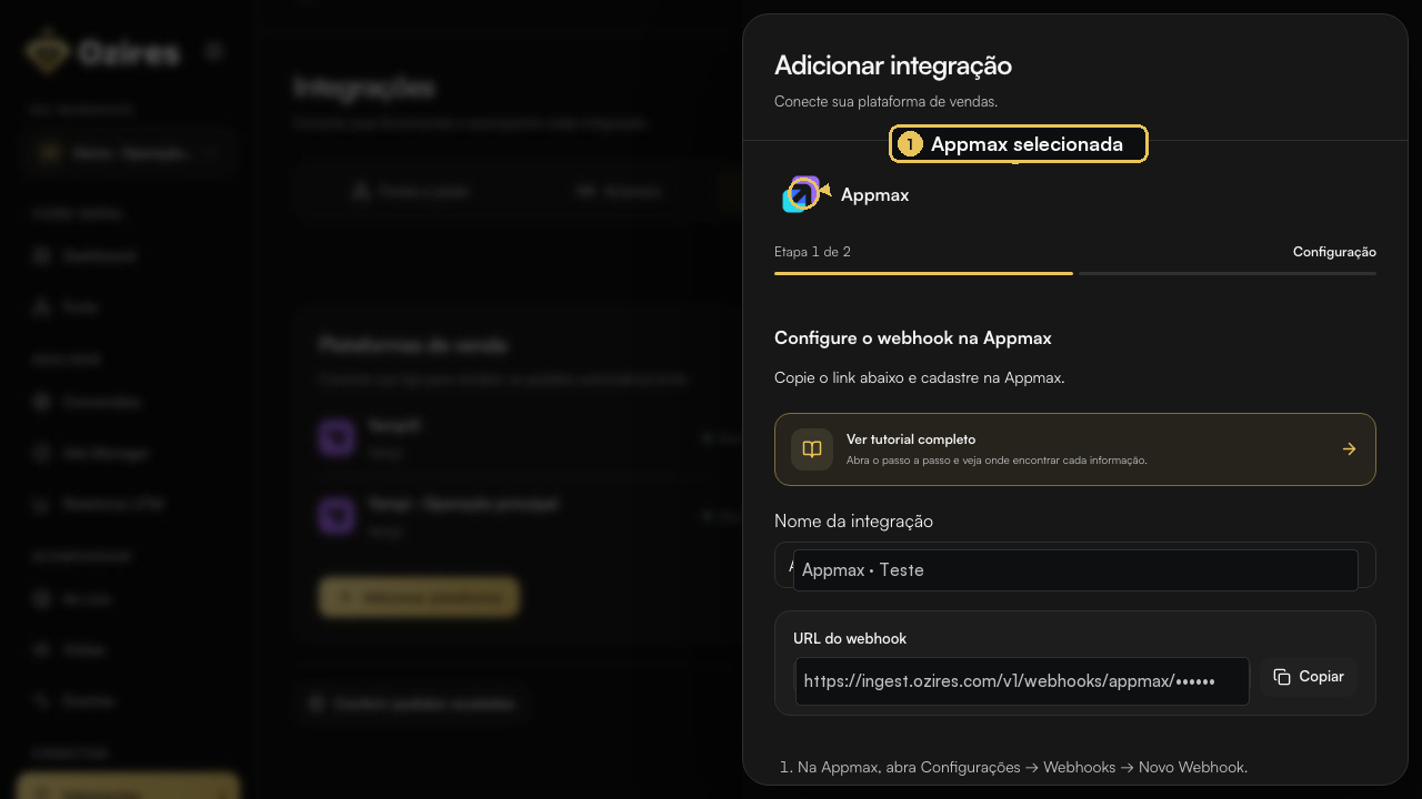 Integração Appmax aberta no Ozires