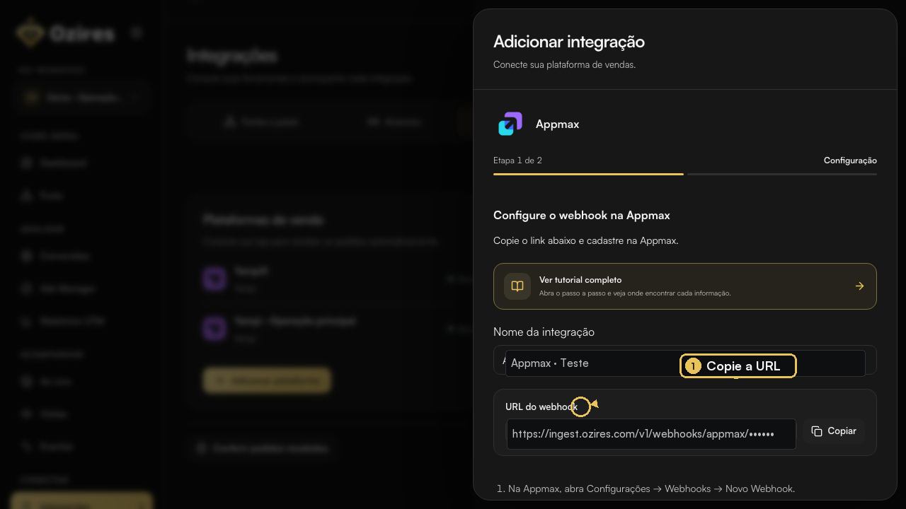 URL do webhook Appmax no Ozires