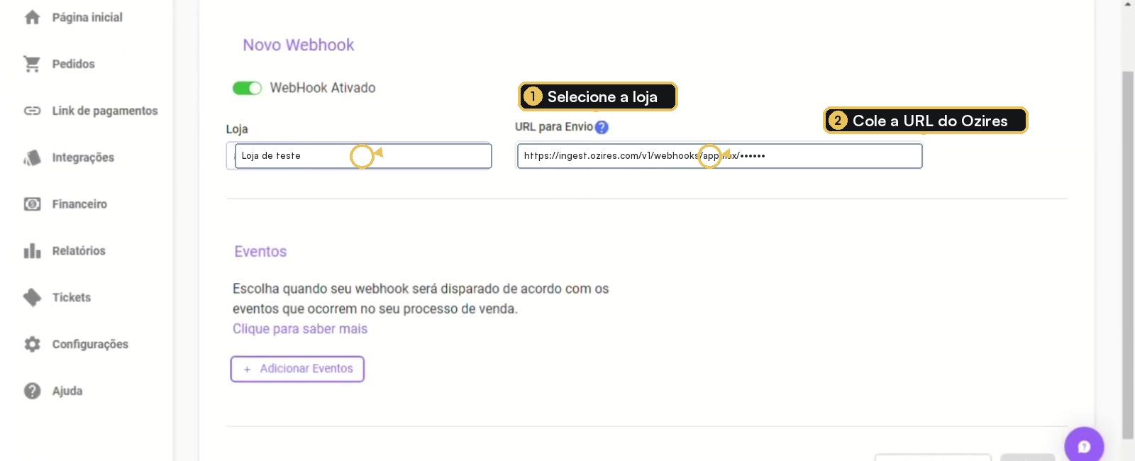 Formulário de novo webhook da Appmax com loja e URL de envio