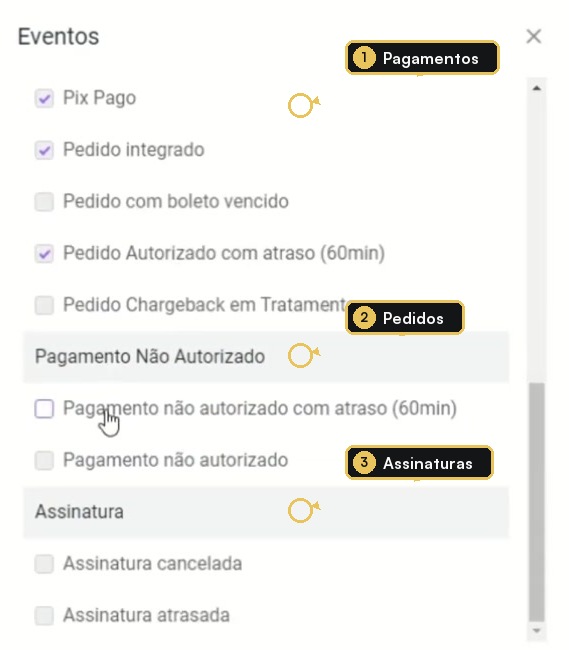 Modal Eventos da Appmax com opções de pagamento, pedido e assinatura