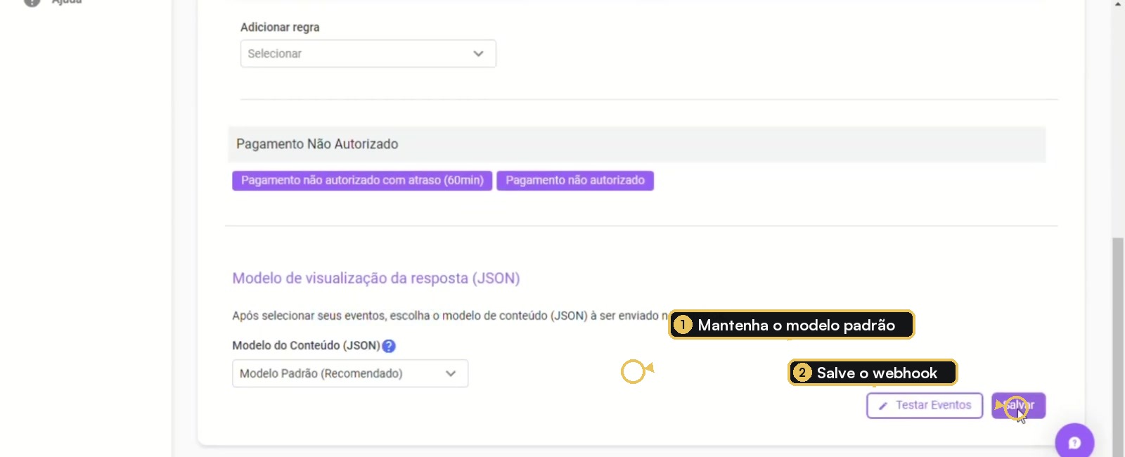 Configuração da Appmax com eventos adicionados e modelo padrão