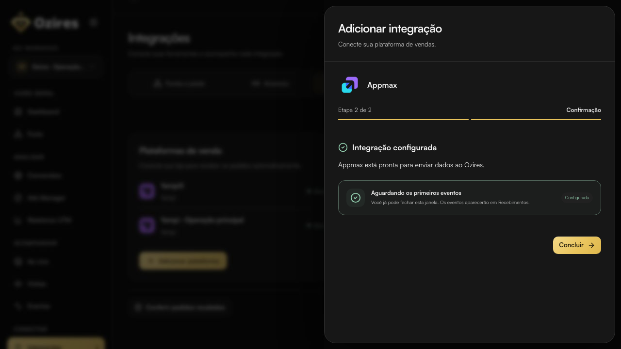 Tela final do Ozires com Integração configurada e Aguardando os primeiros eventos