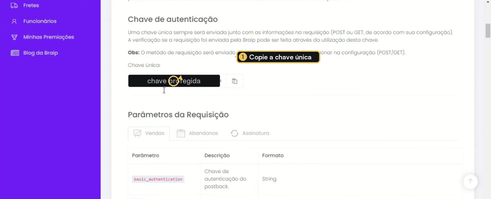 Área de documentação do postback da Braip com a chave de autenticação