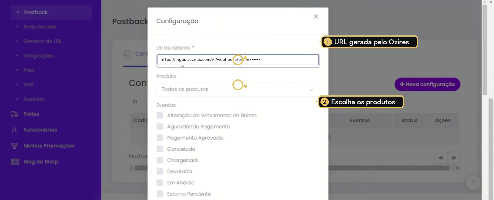 Modal de nova configuração de postback da Braip com URL, produtos e eventos