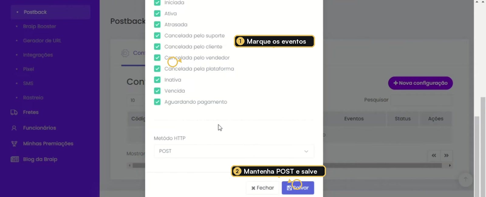 Lista de eventos da Braip selecionada no modal de postback