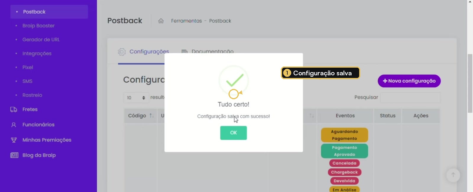Confirmação da Braip de que a configuração de postback foi salva