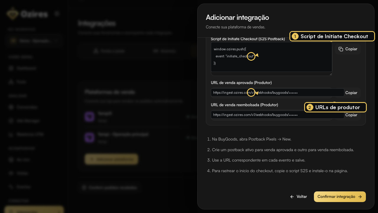 Script de Initiate Checkout e URLs de produtor da BuyGoods no Ozires