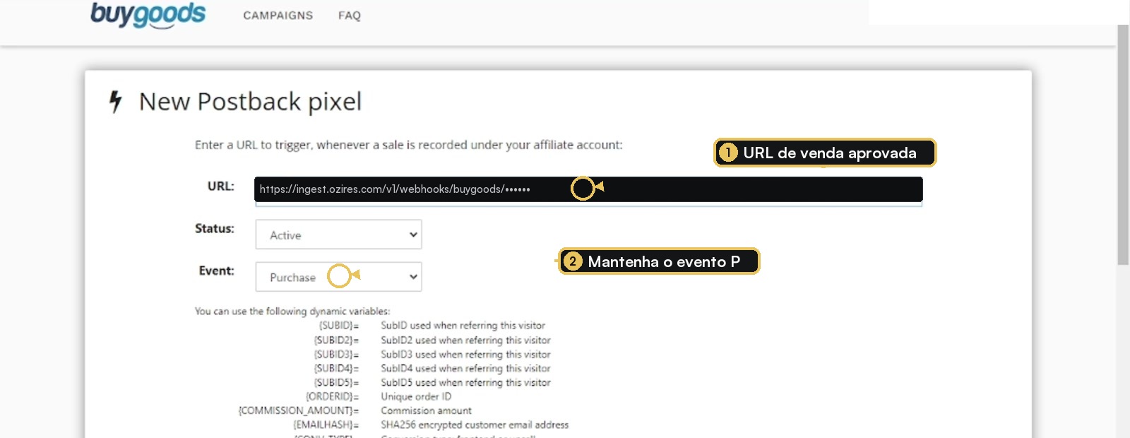 Novo postback da BuyGoods configurado para o evento Purchase