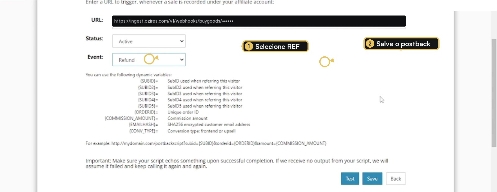 Novo postback da BuyGoods configurado para o evento Refund