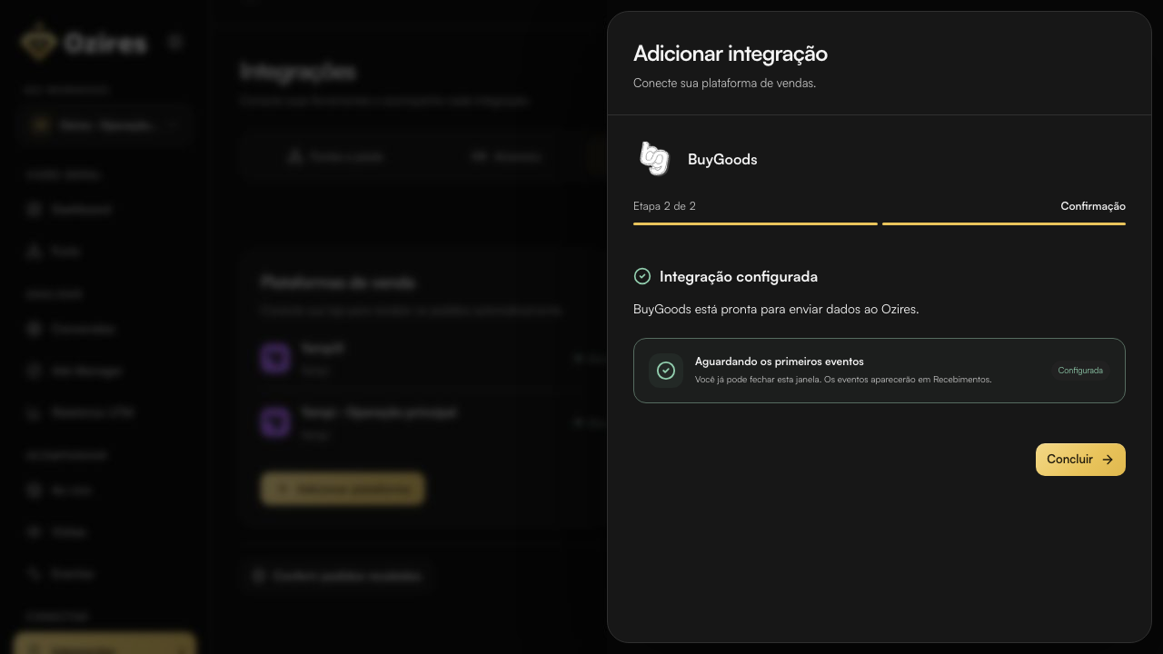 Tela final do Ozires com Integração configurada e Aguardando os primeiros eventos