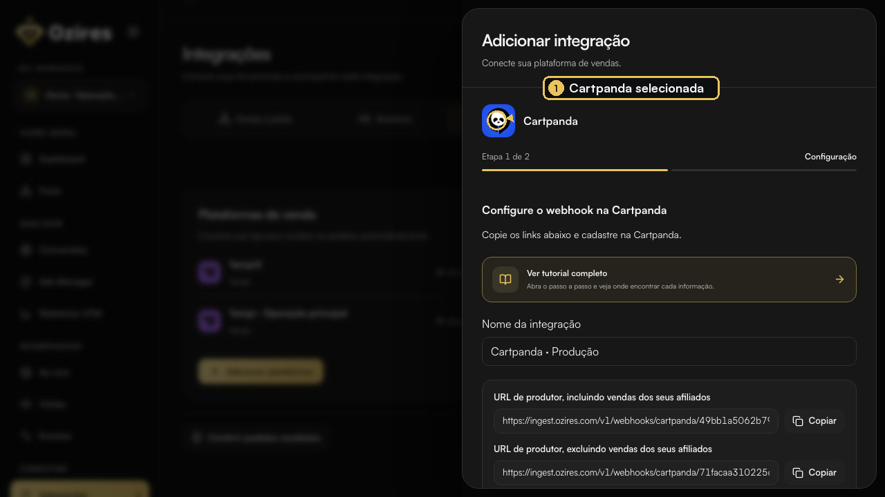 Configuração da Cartpanda aberta no Ozires com o nome da integração