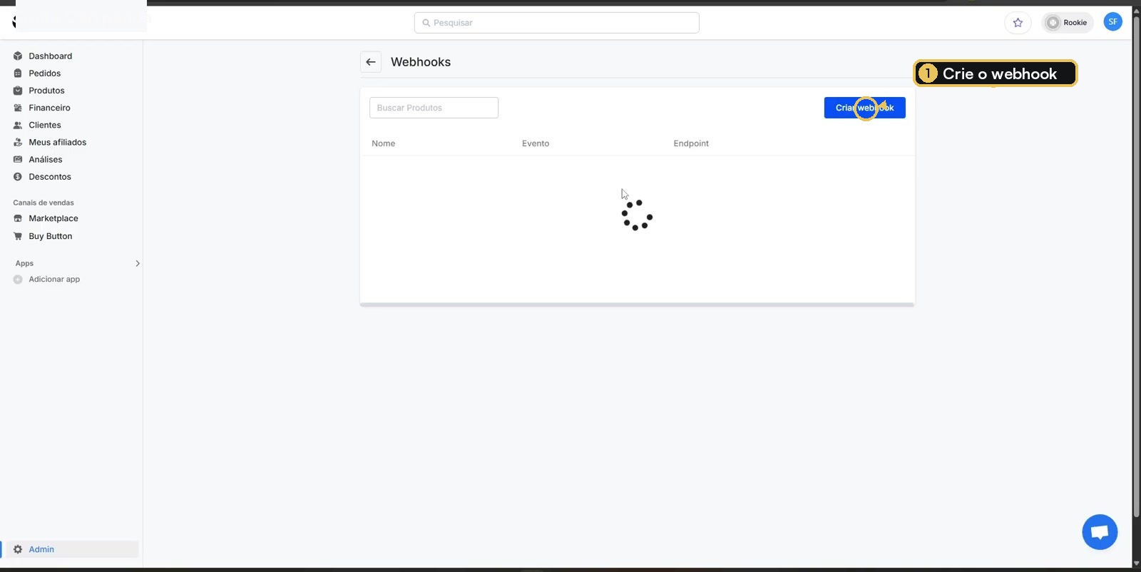 Tela de Webhooks da Cartpanda com o botão Criar webhook destacado