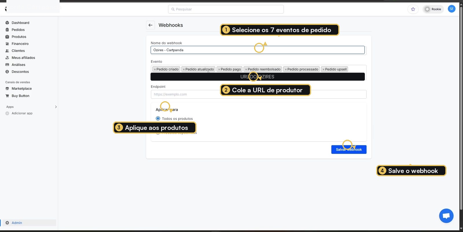 Formulário de webhook da Cartpanda com eventos, endpoint, produtos e botão Salvar destacados