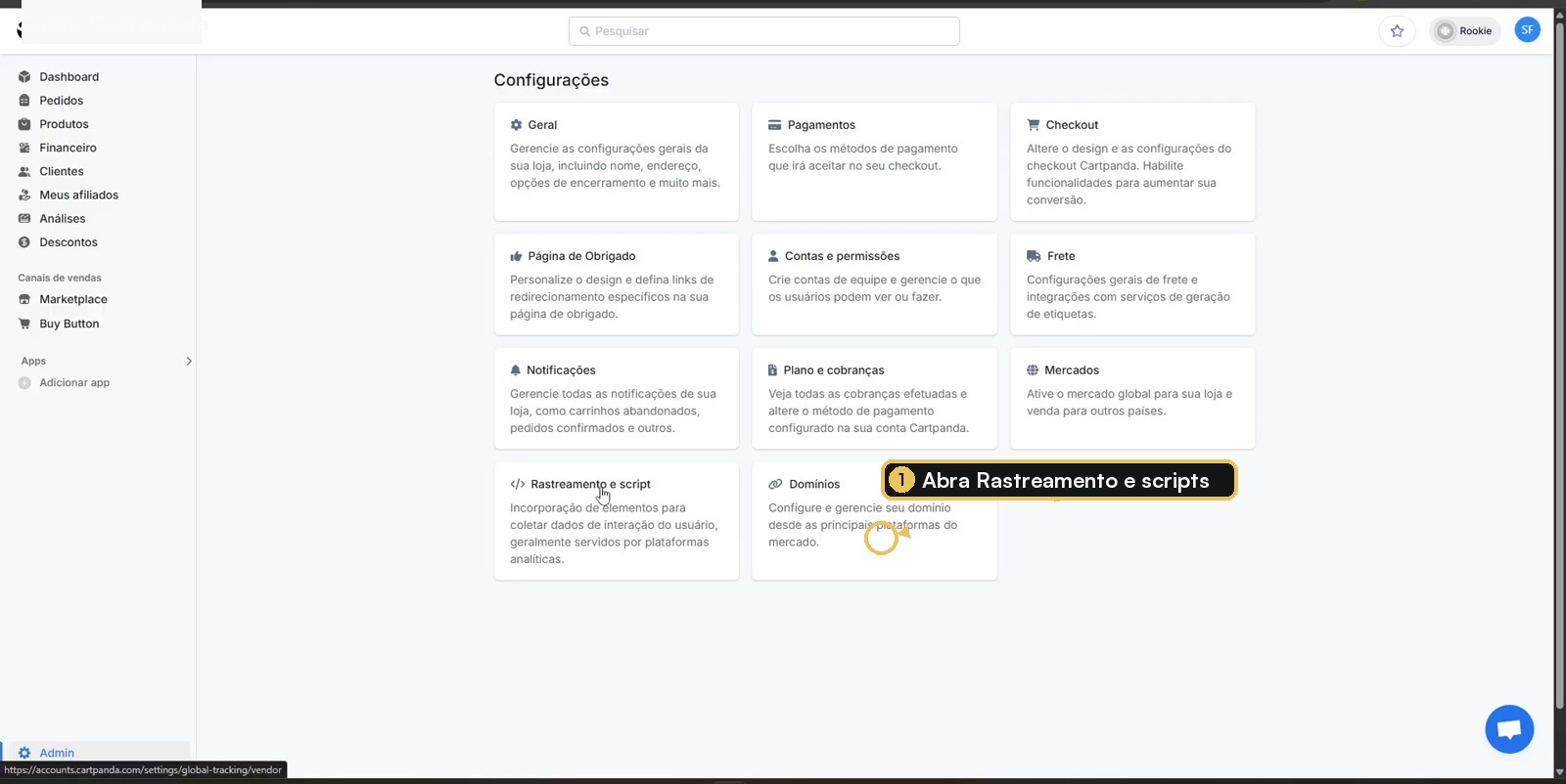 Tela de Configurações da Cartpanda com Rastreamento e scripts destacado