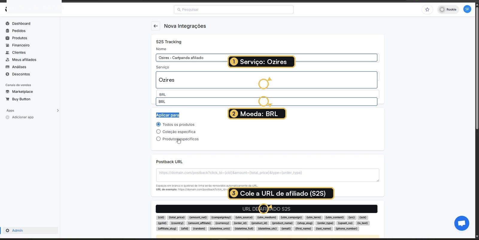 Formulário S2S Tracking da Cartpanda com serviço, moeda e postback URL destacados