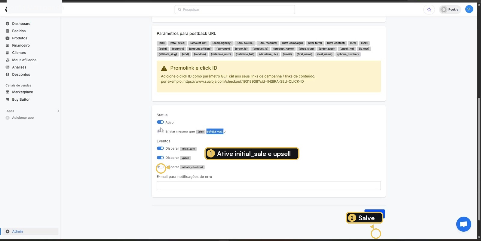 Eventos do S2S Tracking da Cartpanda com initial_sale e upsell ativos