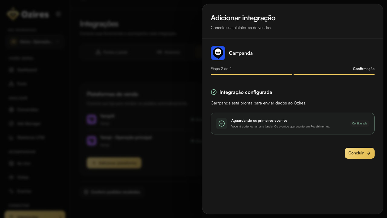 Tela final do Ozires com Integração configurada e Aguardando os primeiros eventos