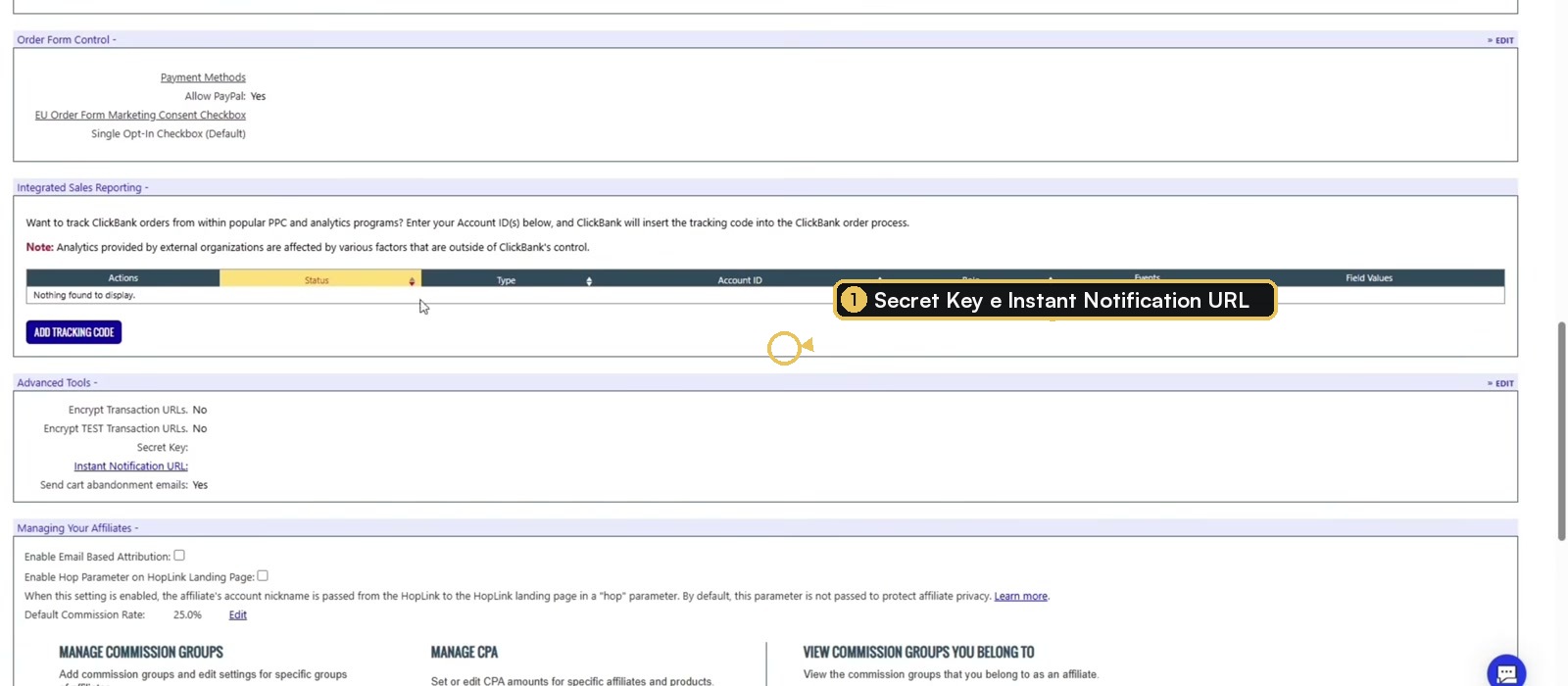 Ferramentas avançadas da ClickBank com Secret Key e Instant Notification URL