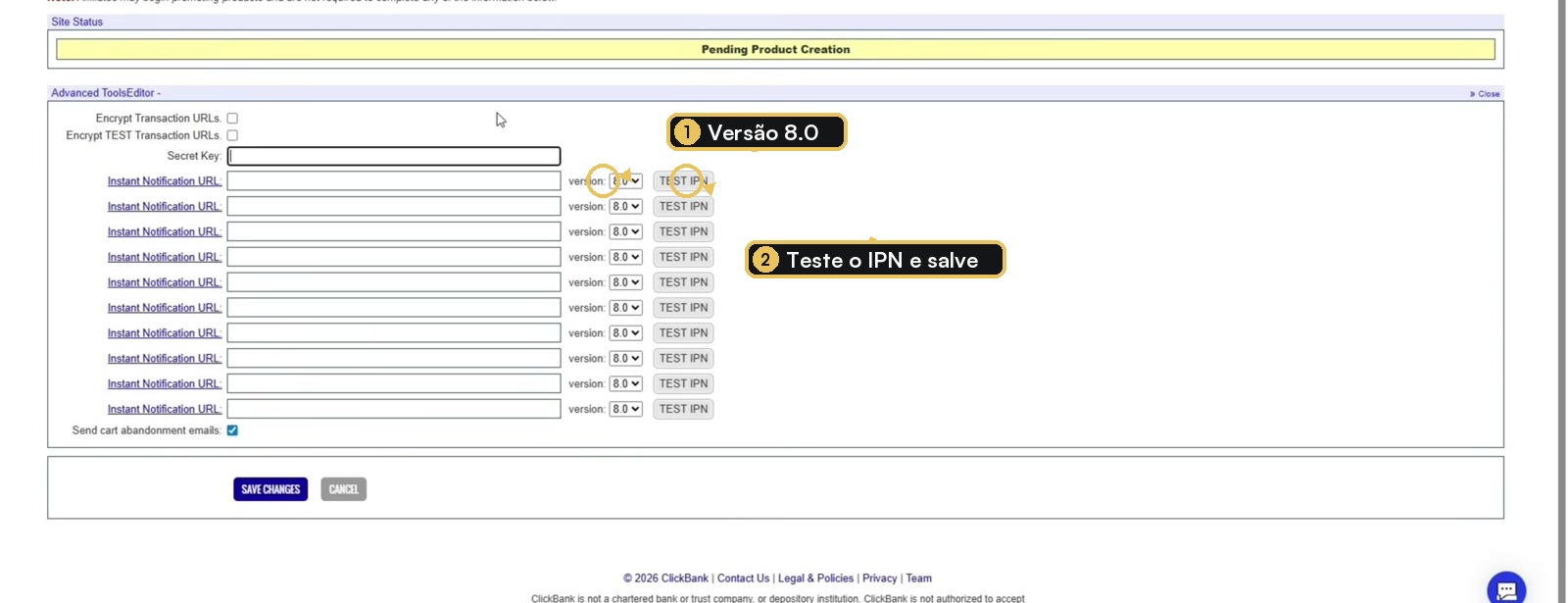 Instant Notification URL da ClickBank com versão 8.0 e Test IPN