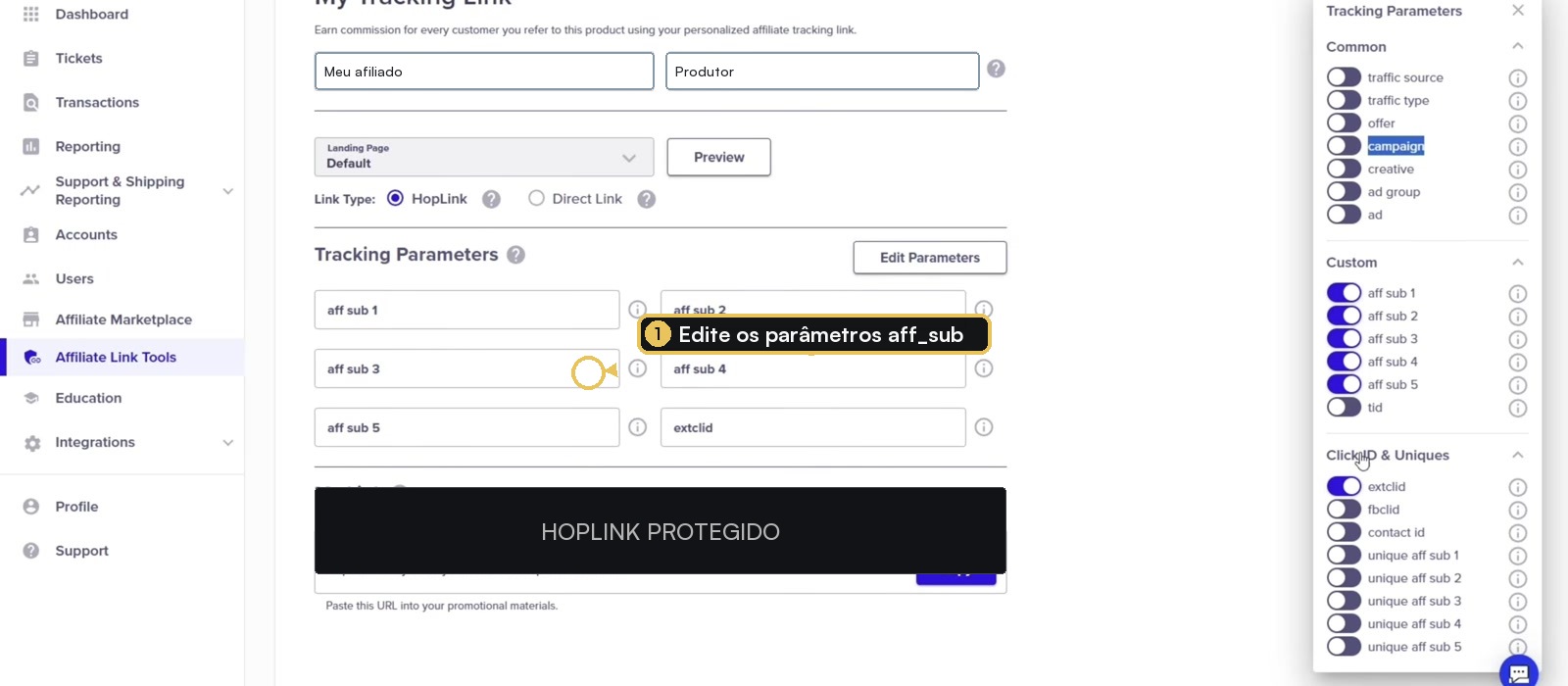 Affiliate Link Tools da ClickBank com parâmetros e HopLink destacados