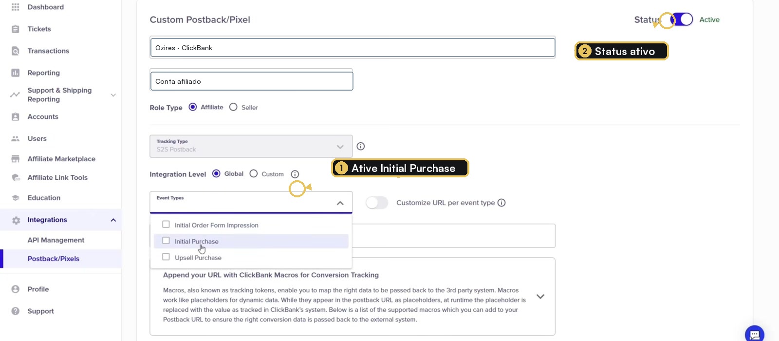 Postback Pixel da ClickBank com papel afiliado e Initial Purchase destacado