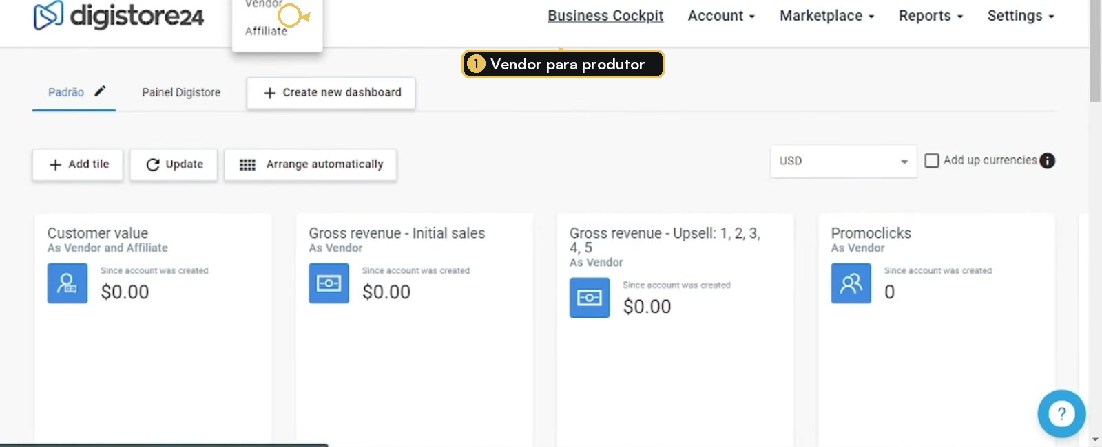 Menu da Digistore24 com a opção Vendor selecionada
