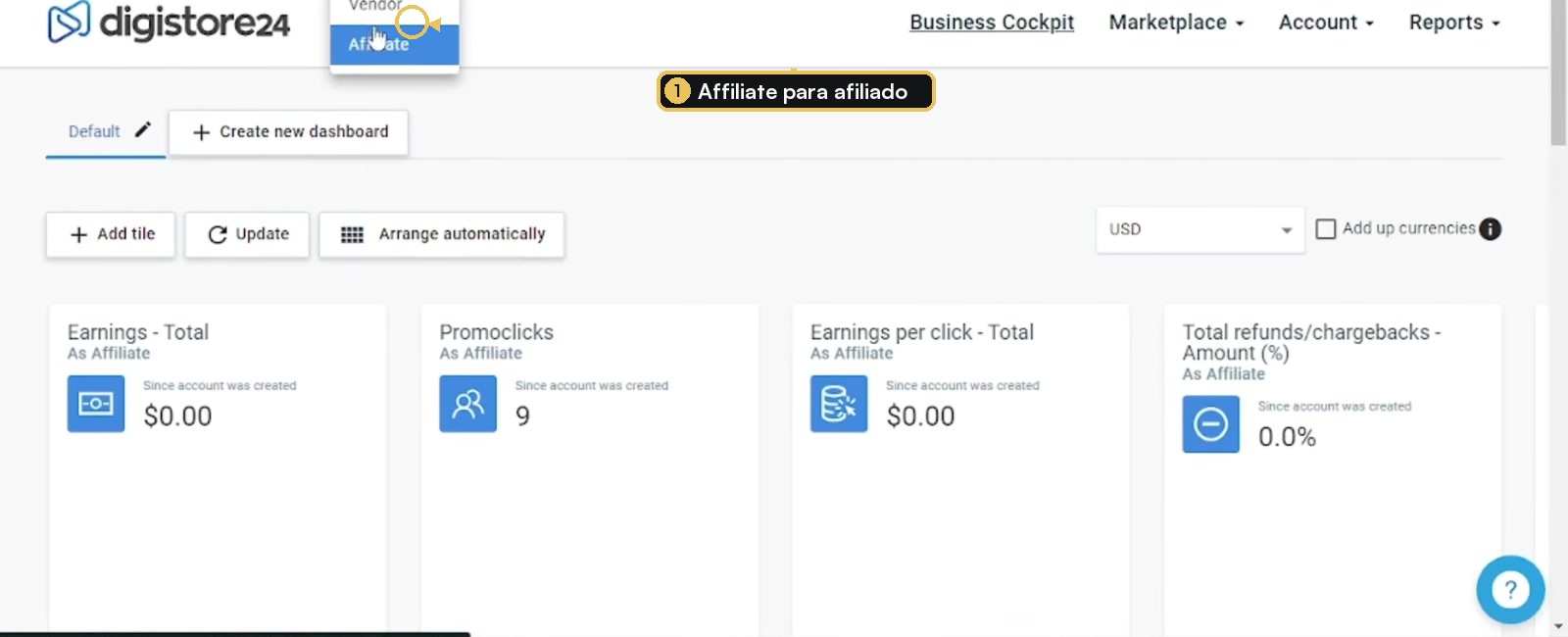 Painel da Digistore24 no modo Affiliate