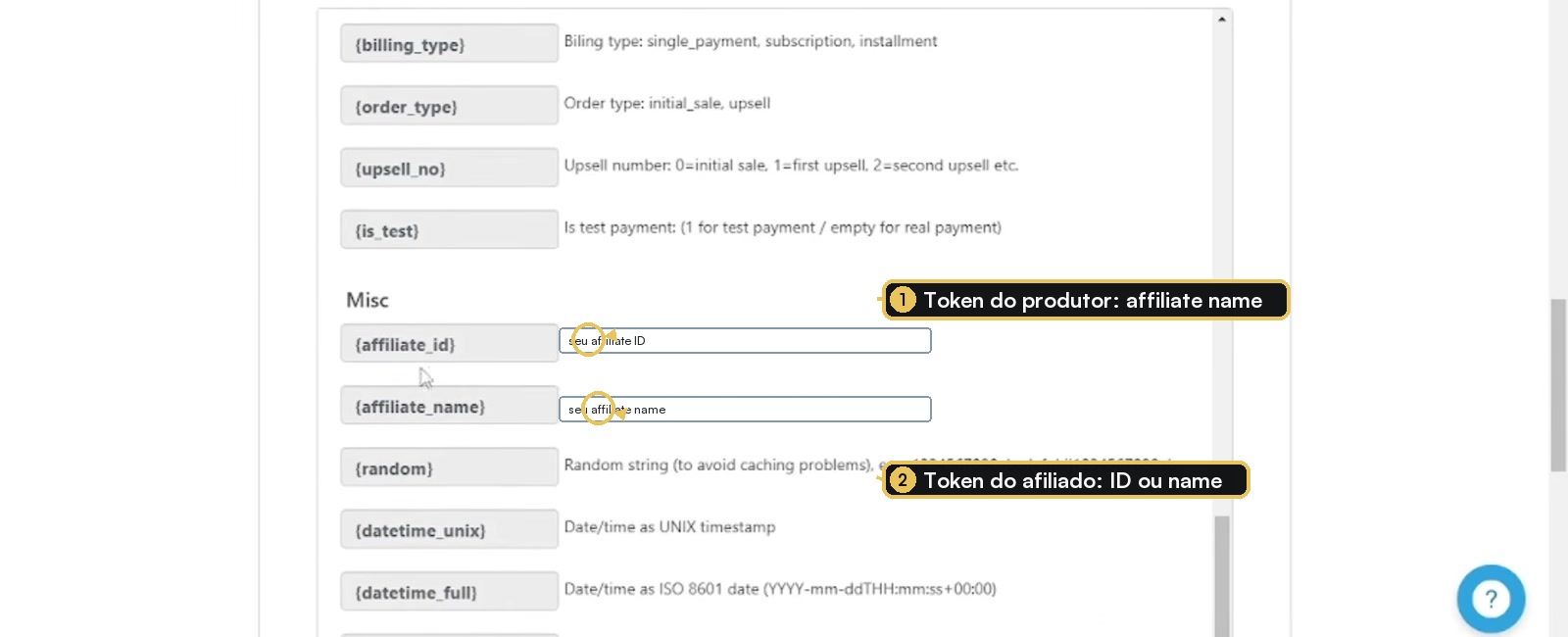 Placeholders affiliate ID e affiliate name na configuração S2S Postback da Digistore24
