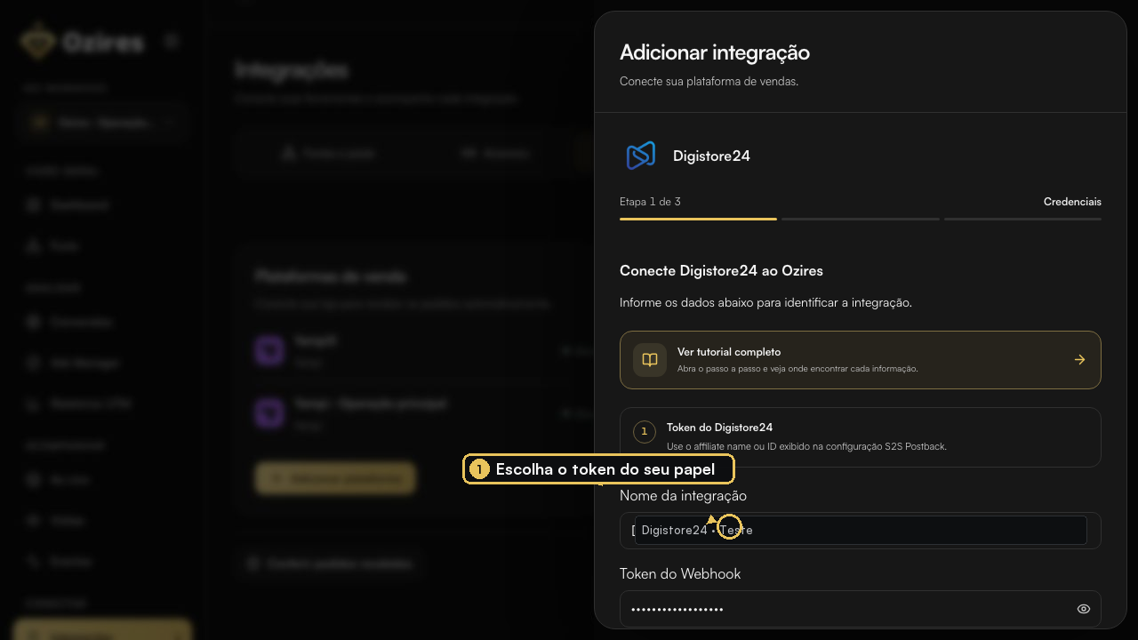 Campos de nome e token da Digistore24 preenchidos no Ozires com dados fictícios