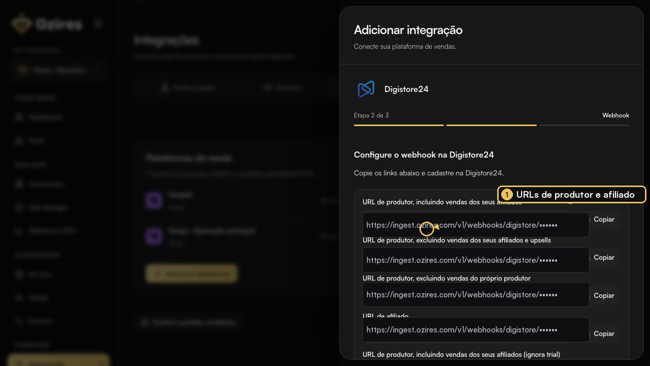 Primeiras URLs de produtor e afiliado da Digistore24 no Ozires