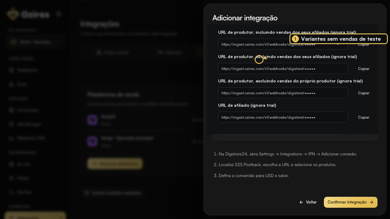 URLs da Digistore24 que ignoram vendas de teste