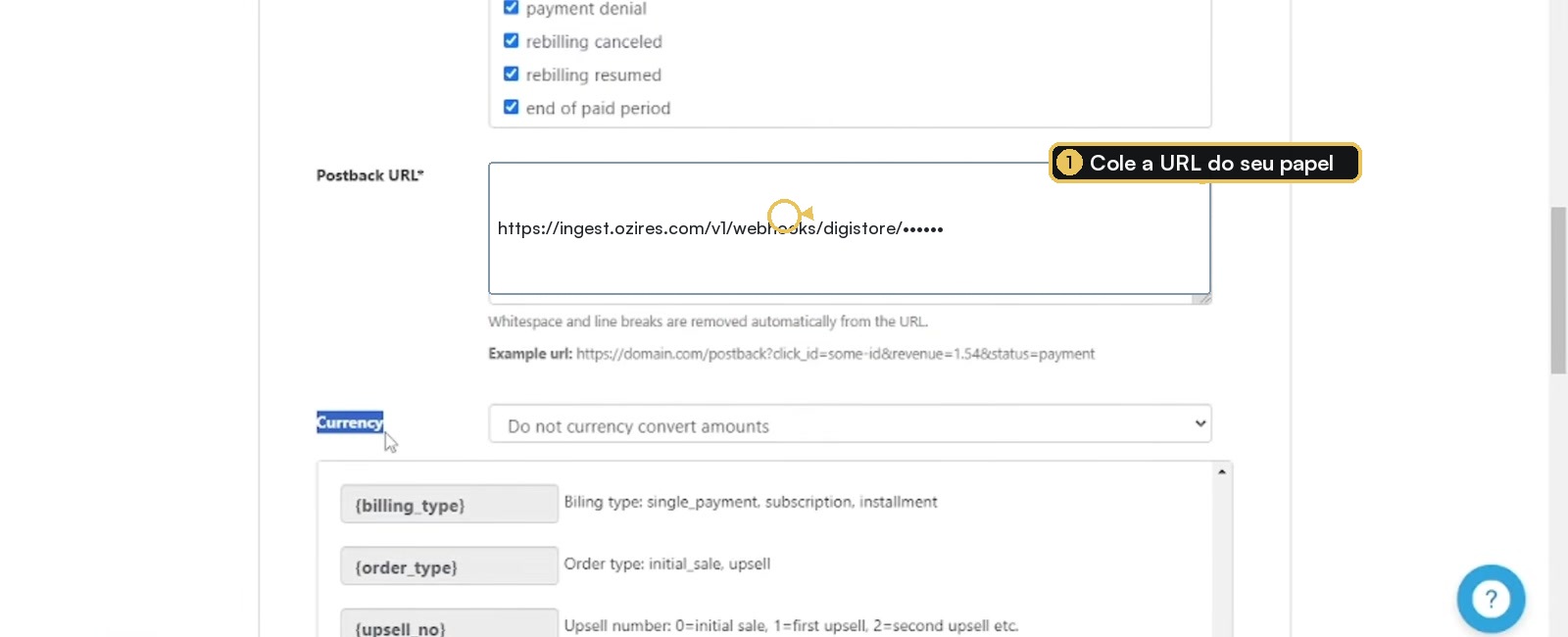 Formulário S2S Postback da Digistore24 com URL de teste