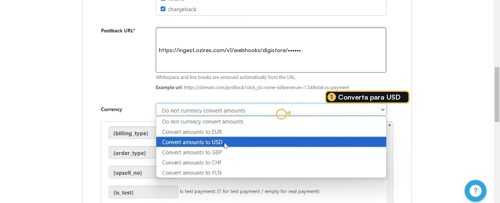 Seletor de conversão de moeda da Digistore24 com USD selecionado