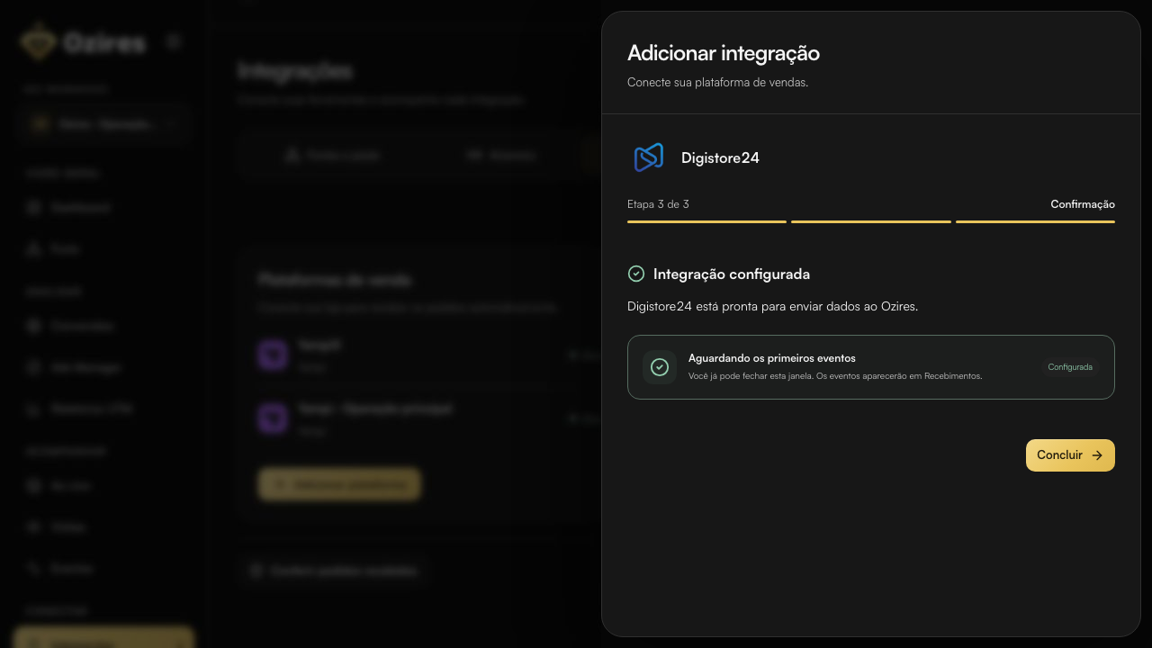 Tela final do Ozires com Integração configurada e Aguardando os primeiros eventos