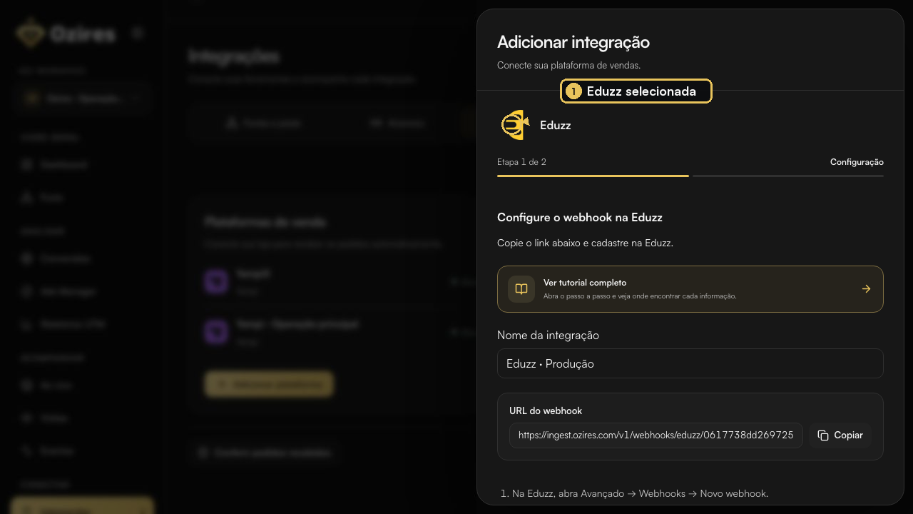 Configuração da Eduzz aberta no Ozires