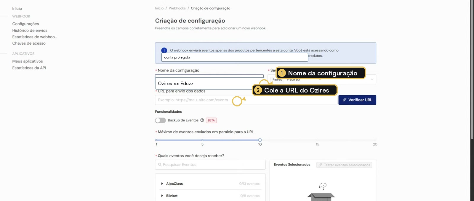Criação de configuração de webhook na Eduzz com nome e URL