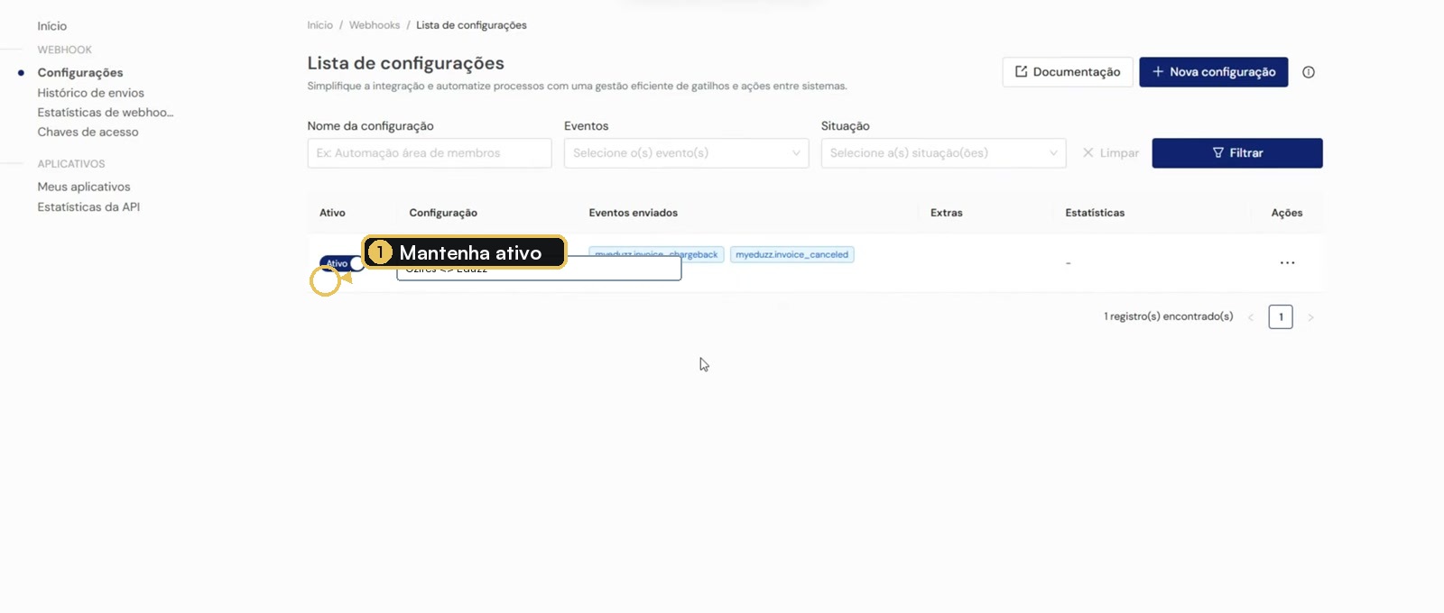 Lista de configurações da Eduzz com webhook ativo