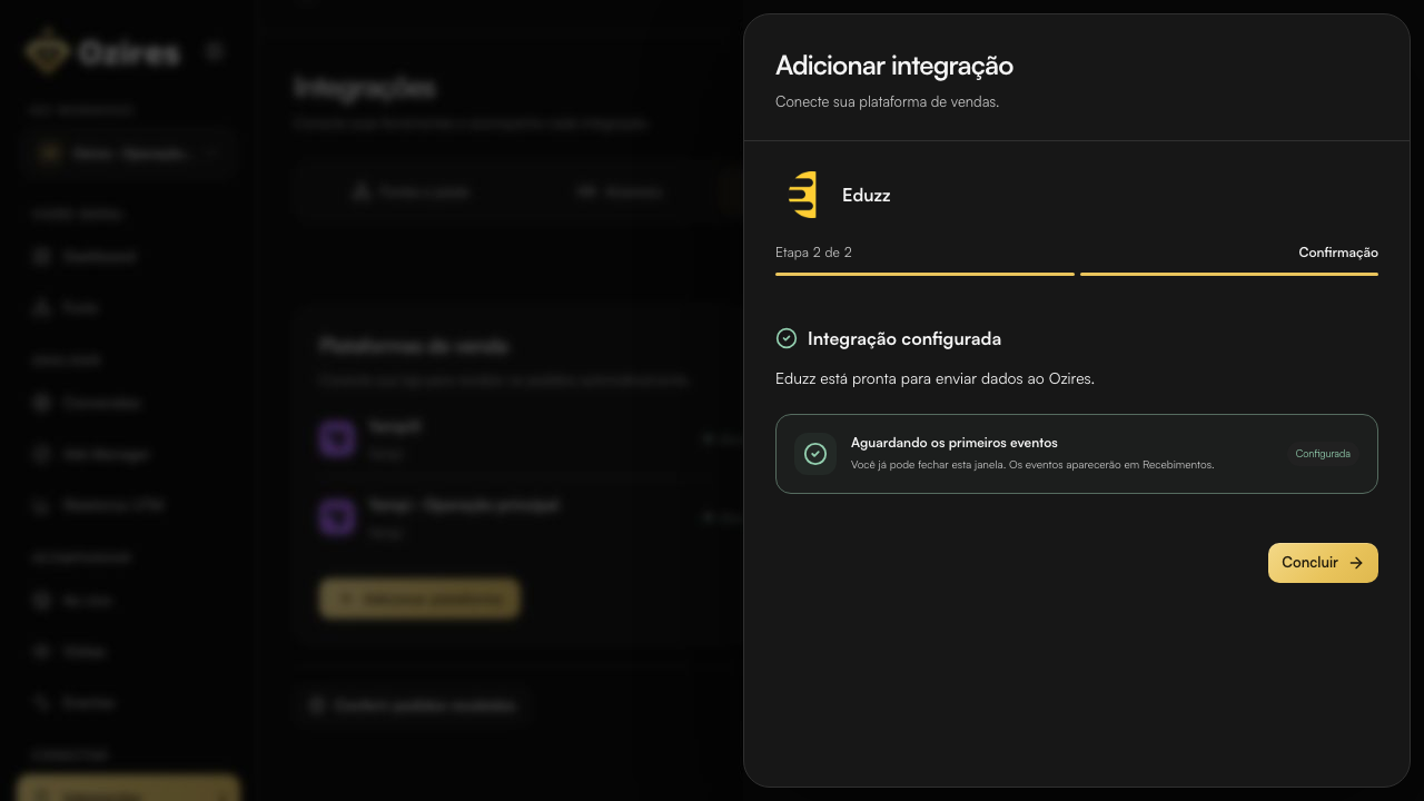 Tela final do Ozires com Integração configurada e Aguardando os primeiros eventos