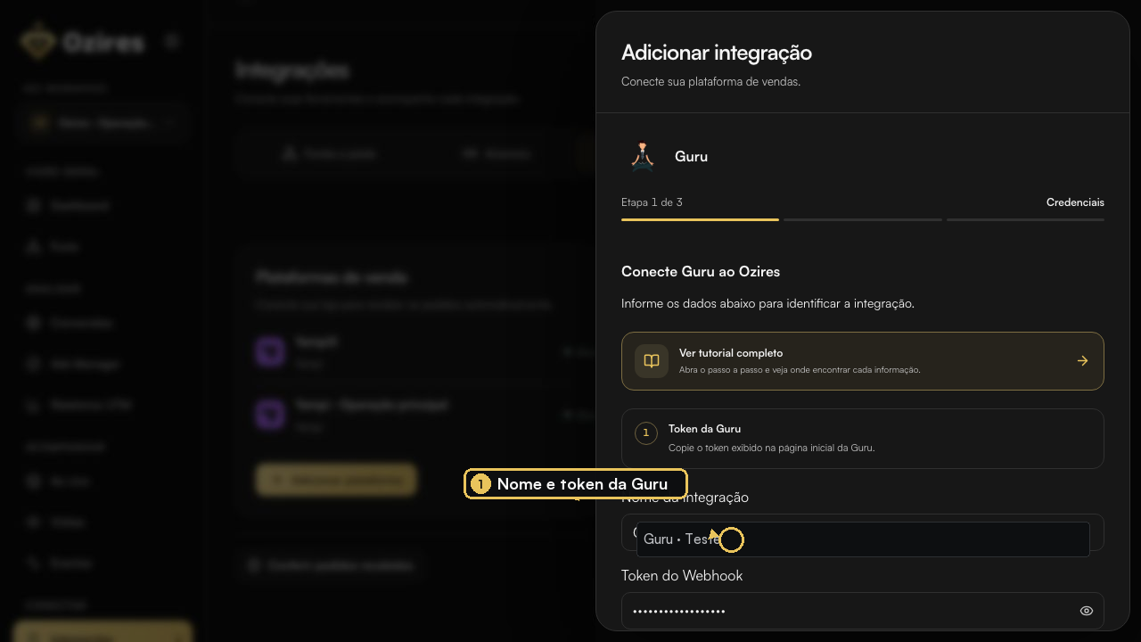 Campos de nome e token da Guru preenchidos no Ozires com dados fictícios