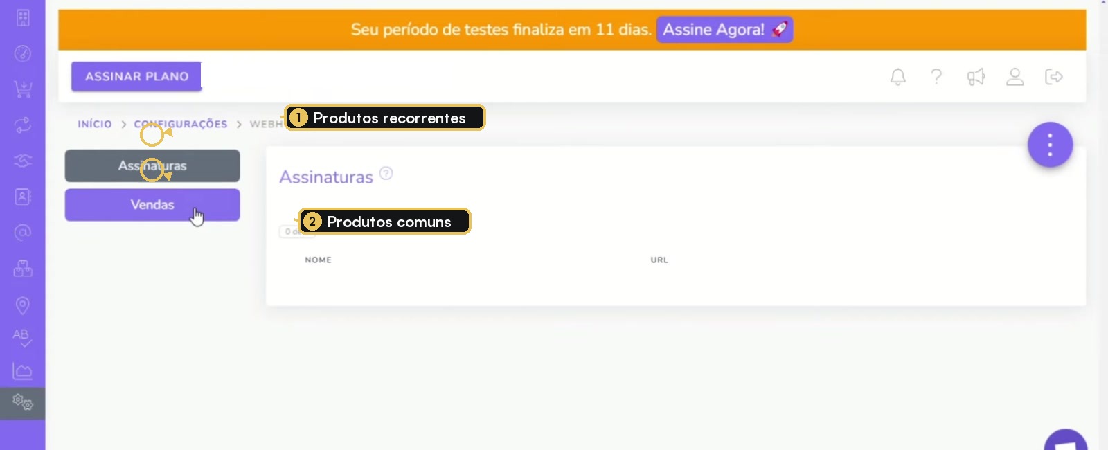 Abas Vendas e Assinaturas na configuração de webhooks da Guru