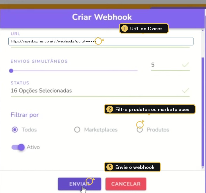 Modal Criar Webhook da Guru com nome, URL, status e filtros