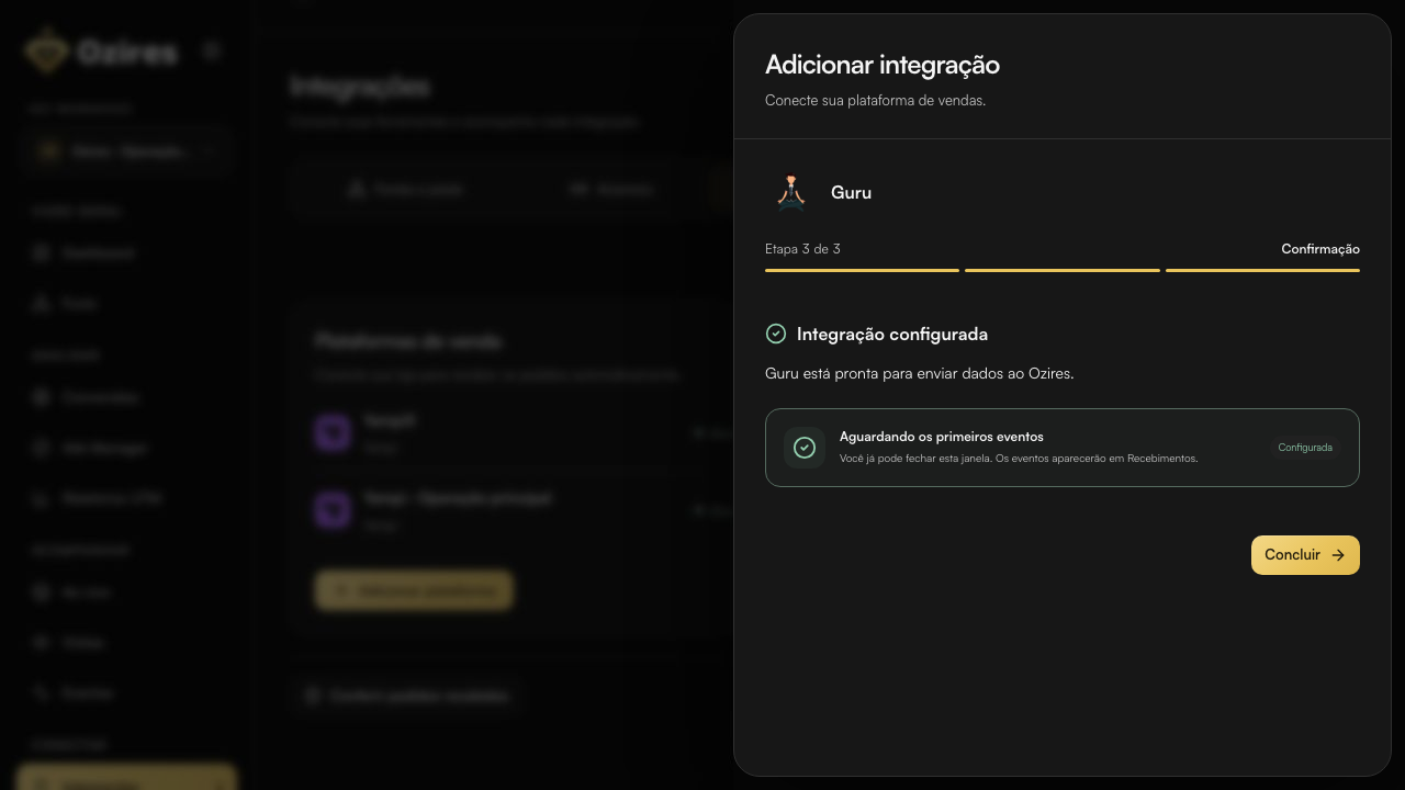 Tela final do Ozires com Integração configurada e Aguardando os primeiros eventos