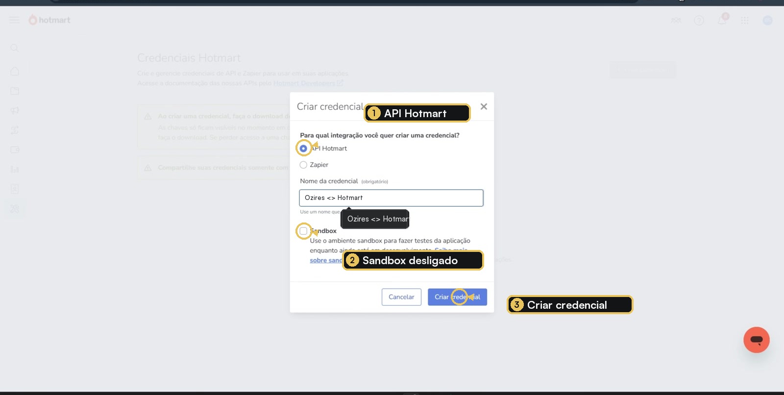 Criação da credencial API Hotmart com nome, Sandbox e botão Criar credencial destacados