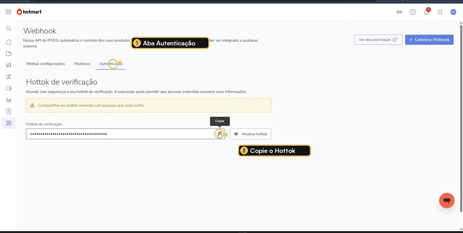 Aba de autenticação de webhooks da Hotmart com o Hottok protegido